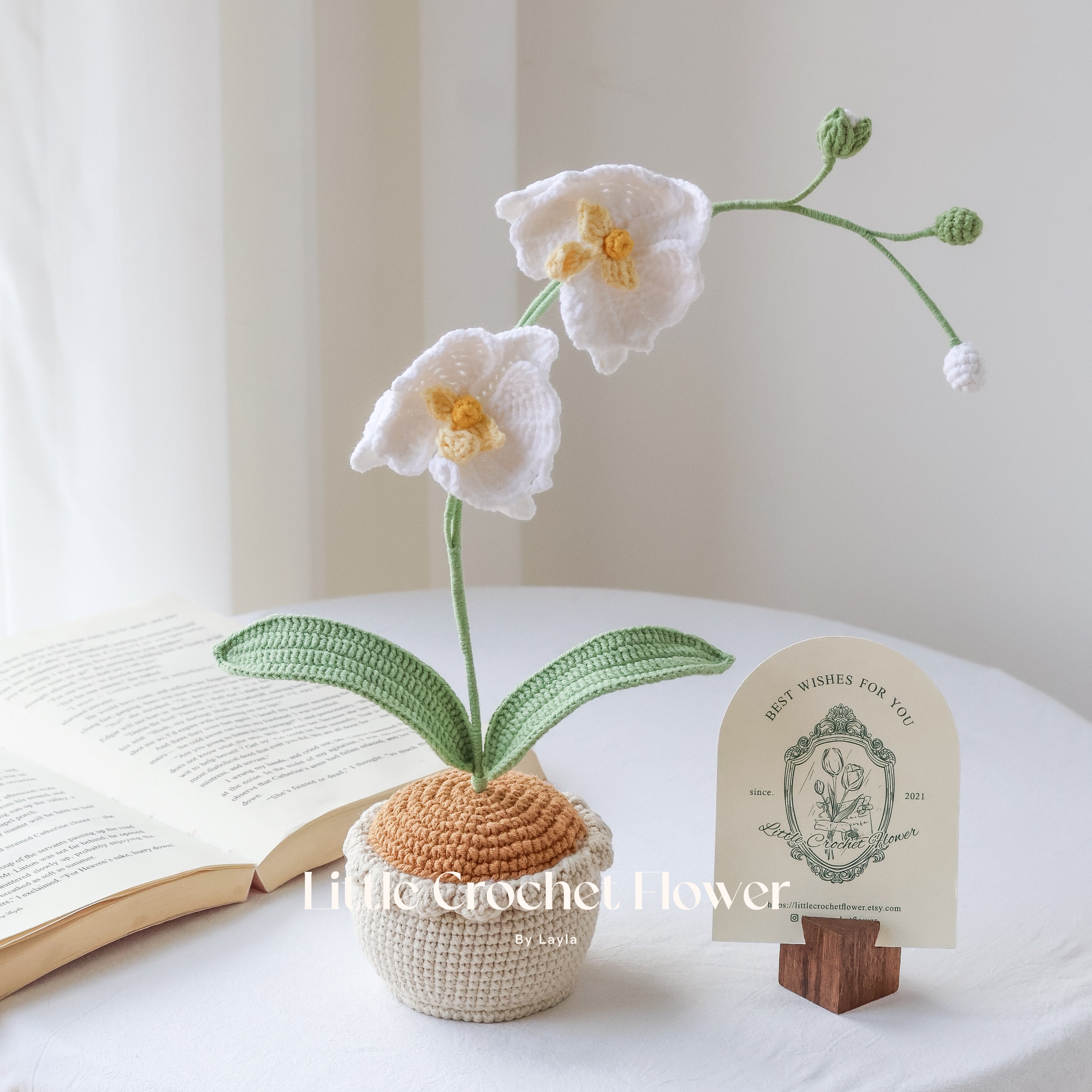 Handmade Crochet Orchid Plant in Pot Realistic Knitted Flower Decor