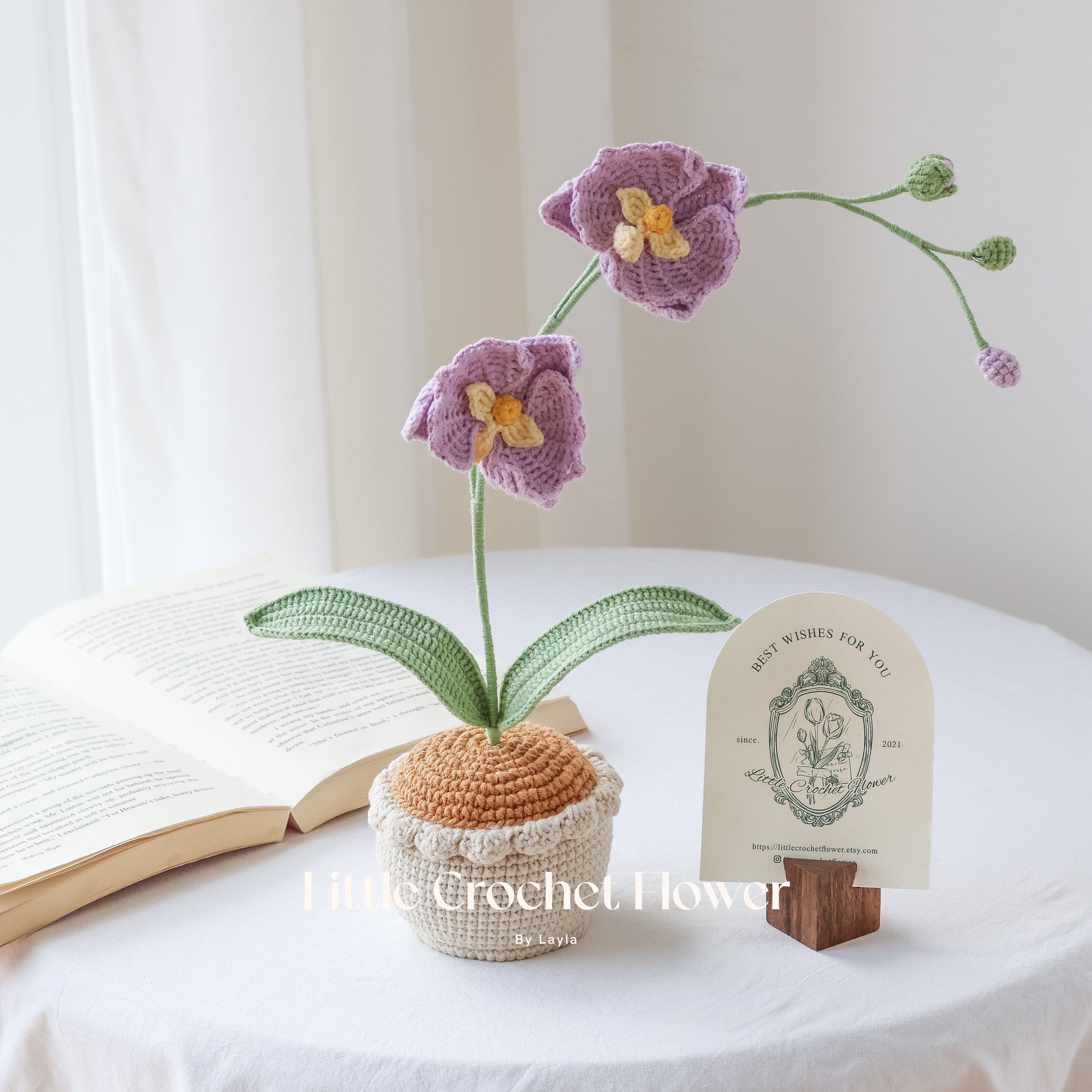 Handmade Crochet Orchid Plant in Pot Realistic Knitted Flower Decor