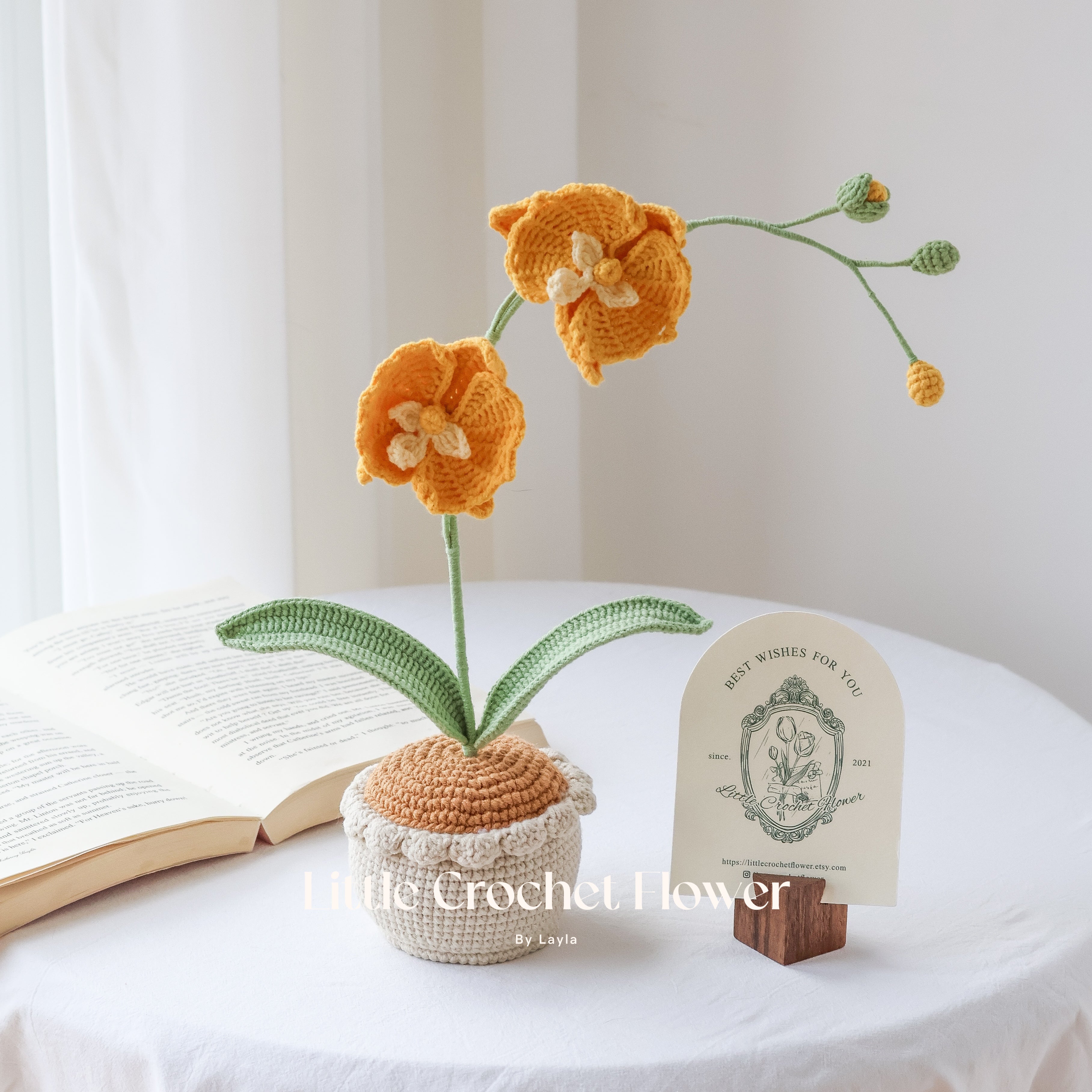 Handmade Crochet Orchid Plant in Pot Realistic Knitted Flower Decor