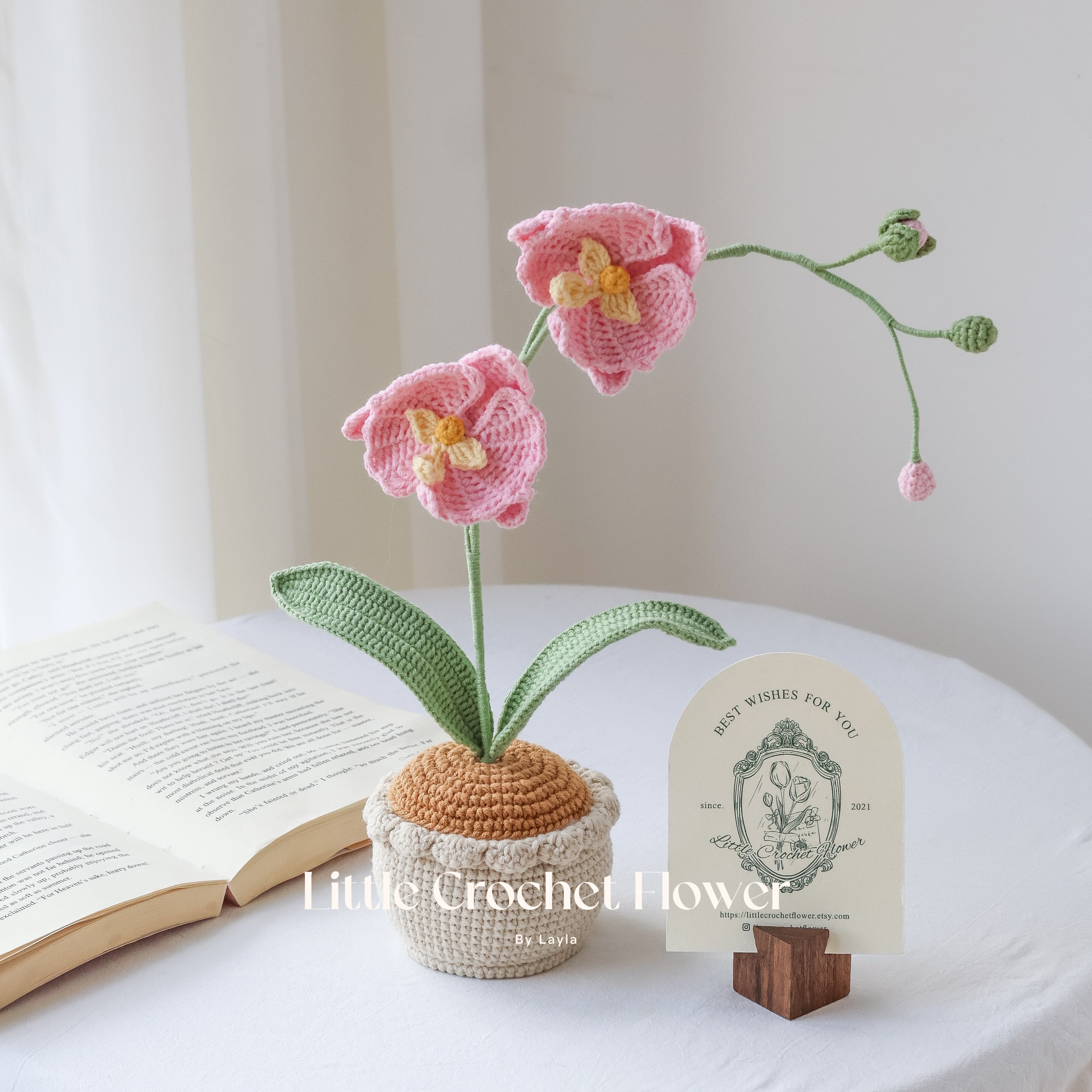 Handmade Crochet Orchid Plant in Pot Realistic Knitted Flower Decor
