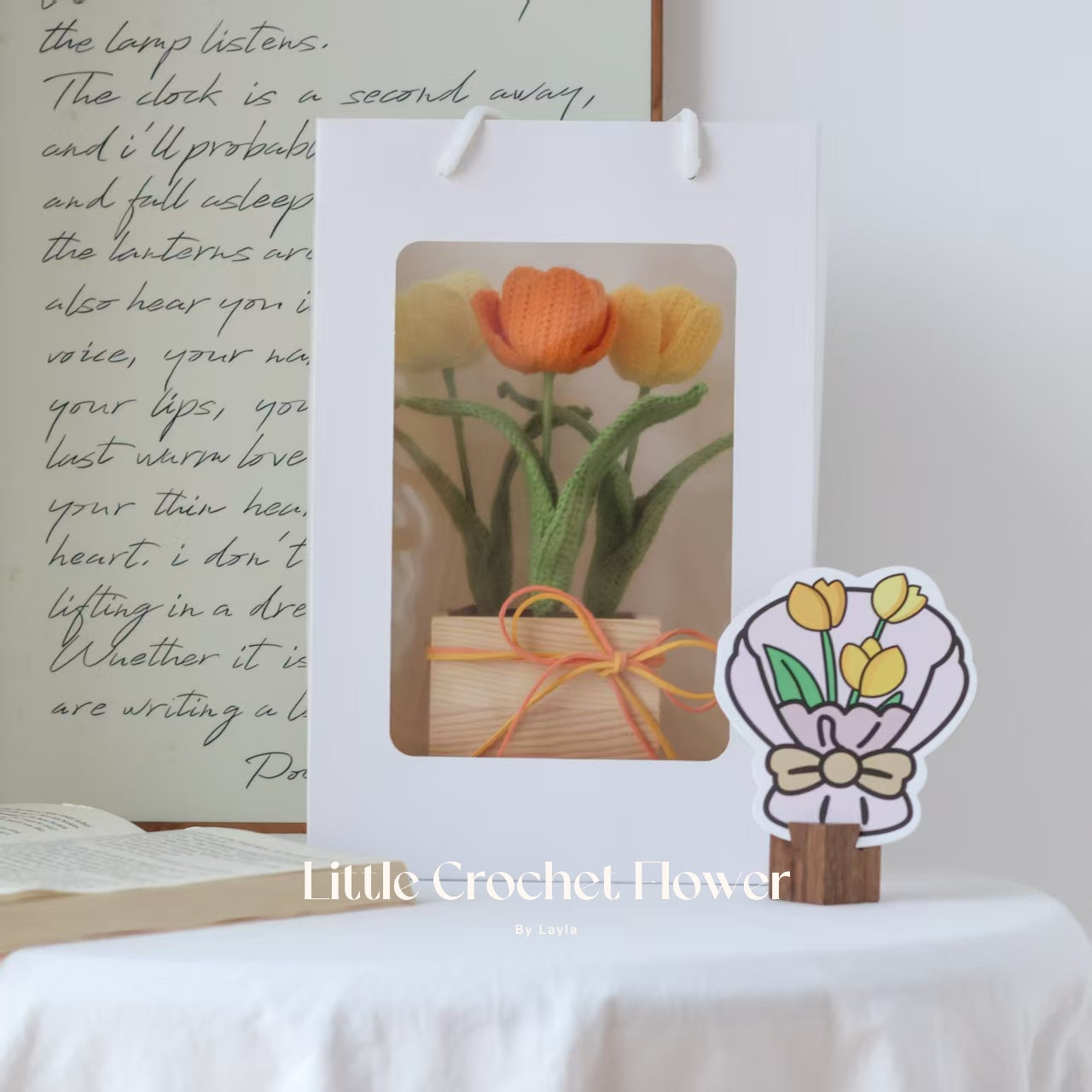 Crochet Tulip Arrangement in Engraved Wooden Pot – Handmade Gift with Custom Message