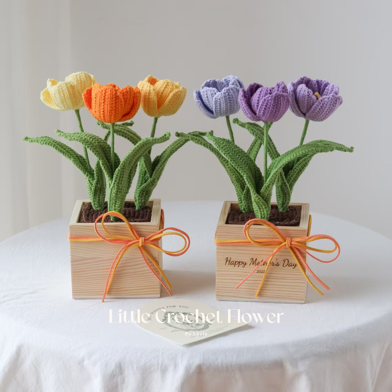 Crochet Tulip Arrangement in Engraved Wooden Pot – Handmade Gift with Custom Message