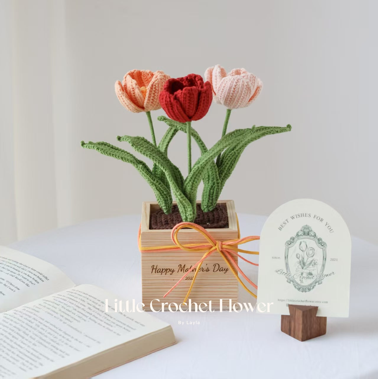 Crochet Tulip Arrangement in Engraved Wooden Pot – Handmade Gift with Custom Message
