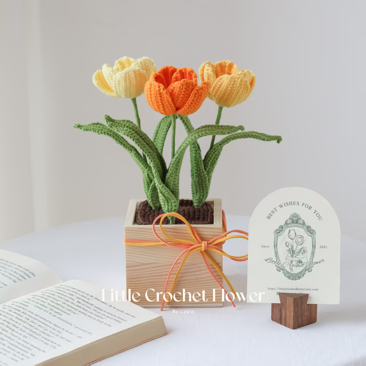 Crochet Tulip Arrangement in Engraved Wooden Pot – Handmade Gift with Custom Message
