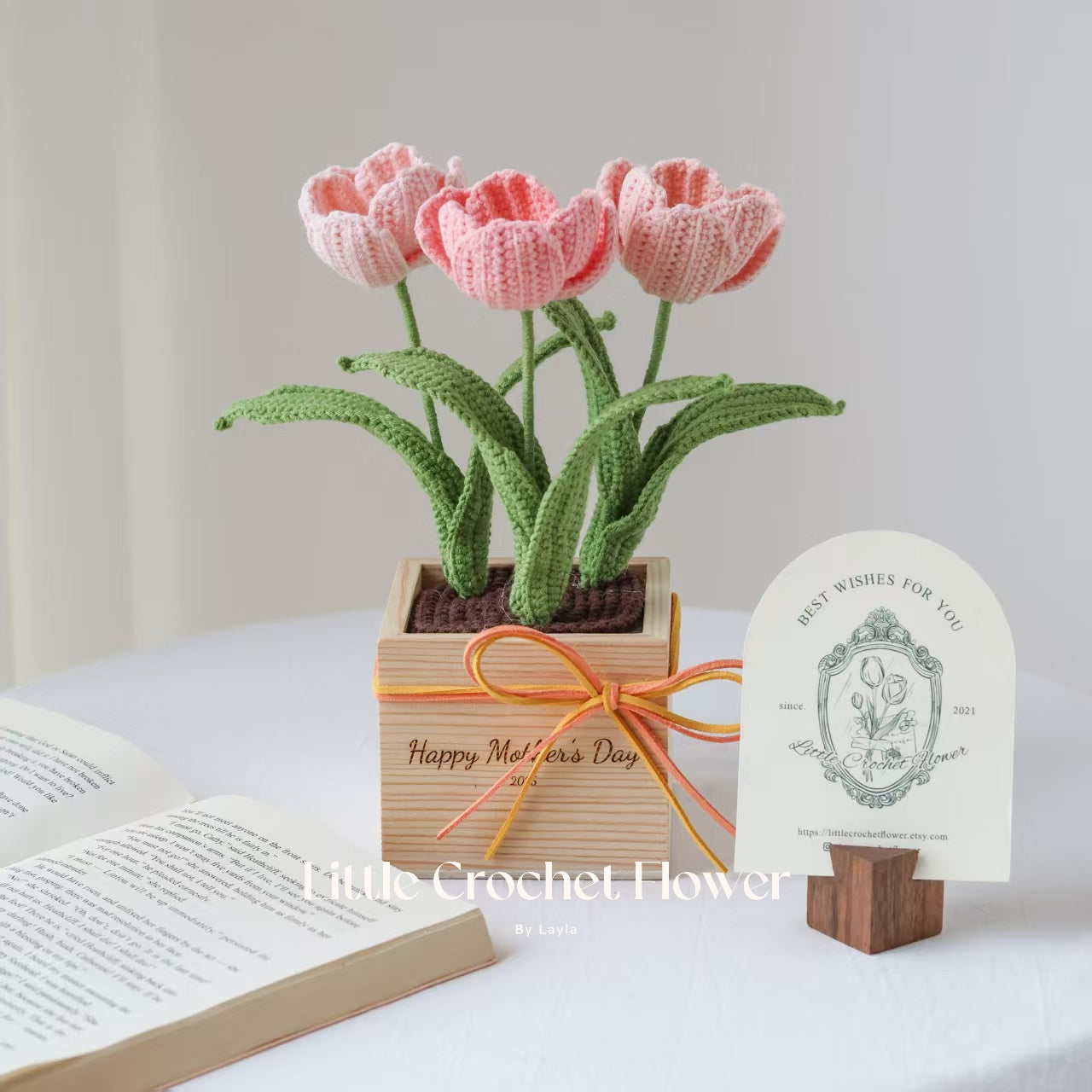 Crochet Tulip Arrangement in Engraved Wooden Pot – Handmade Gift with Custom Message