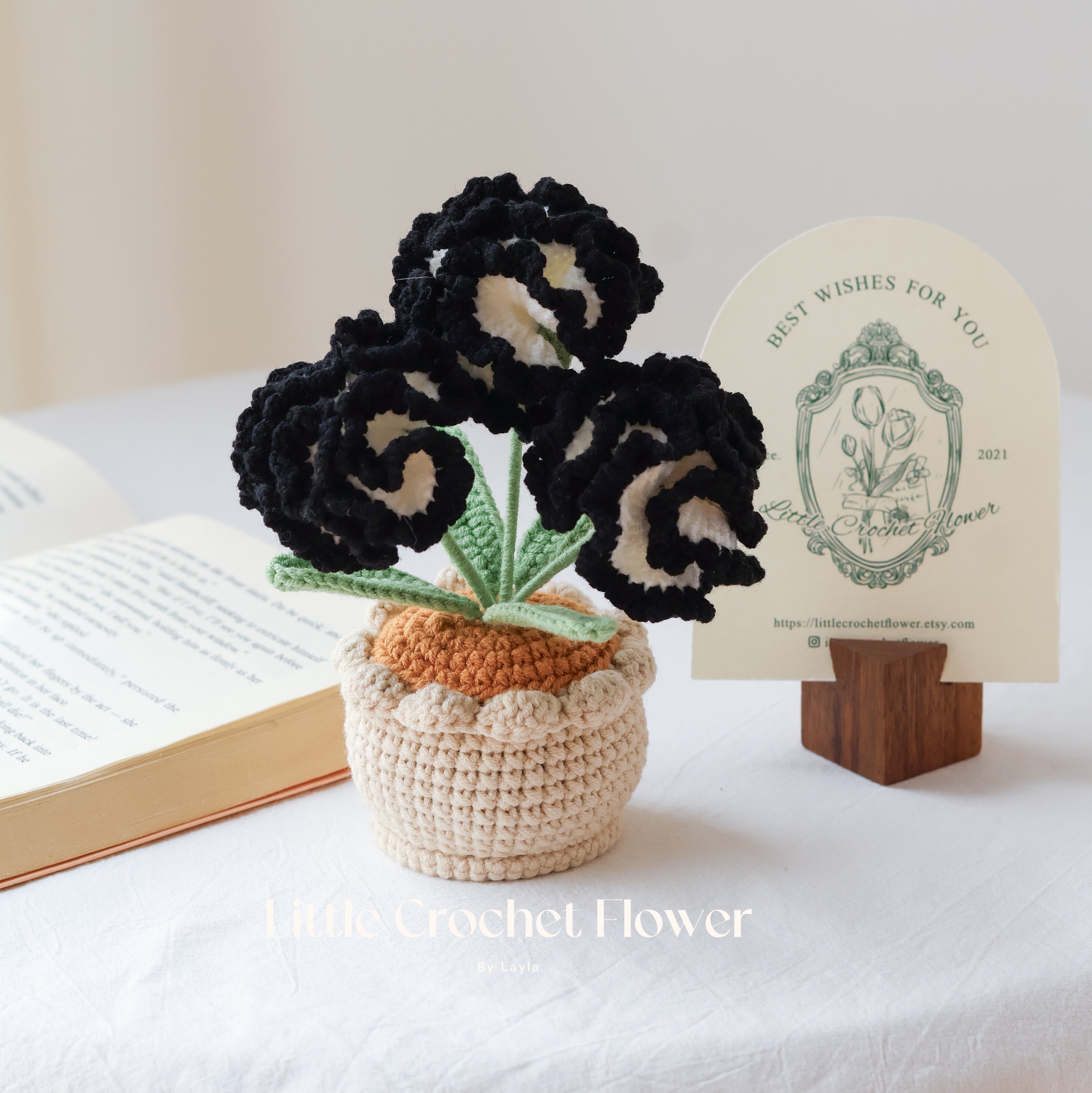 Handmade Crochet Carnation in Pot โ Mini Ruffled Flower Gift Arrangement