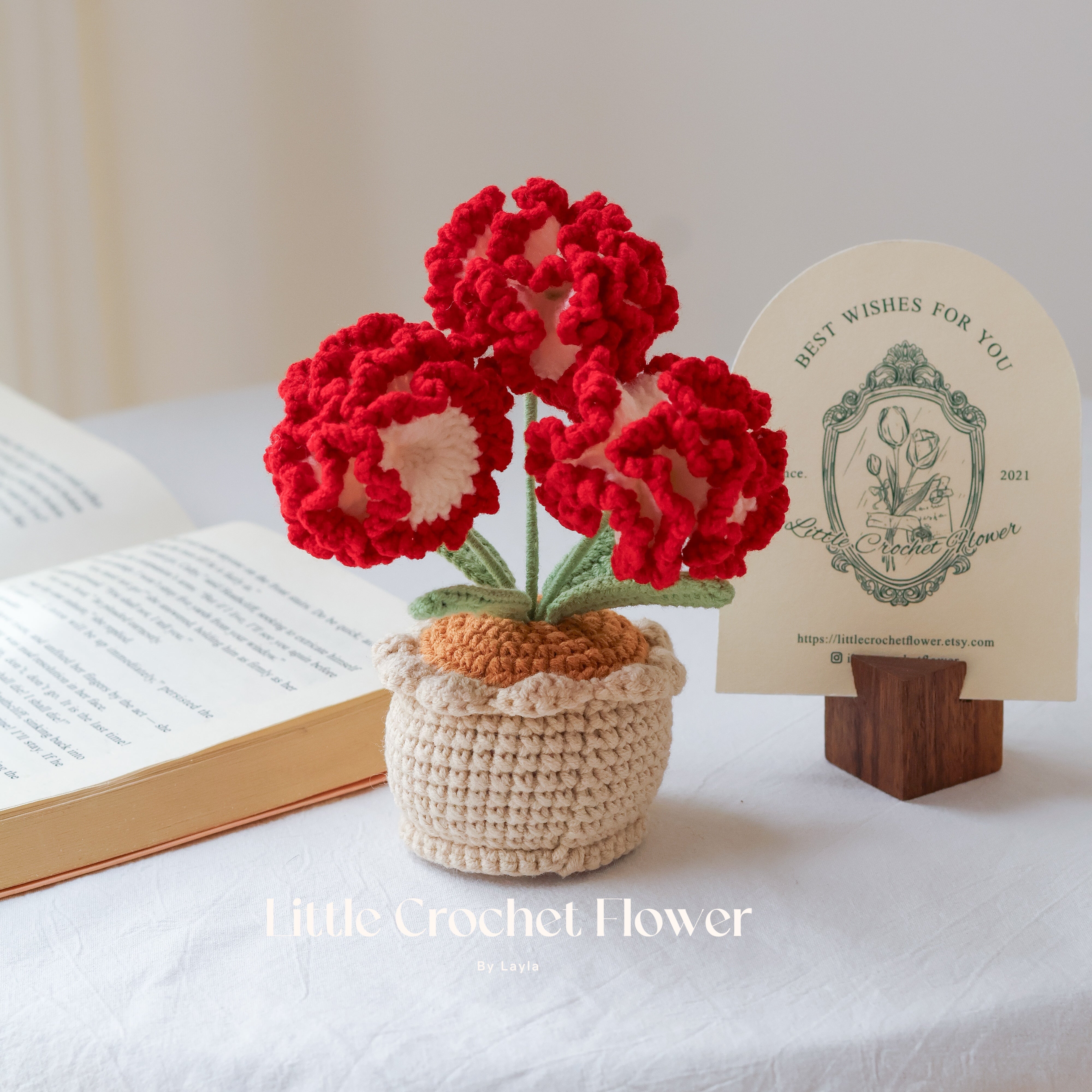 Handmade Crochet Carnation in Pot โ Mini Ruffled Flower Gift Arrangement