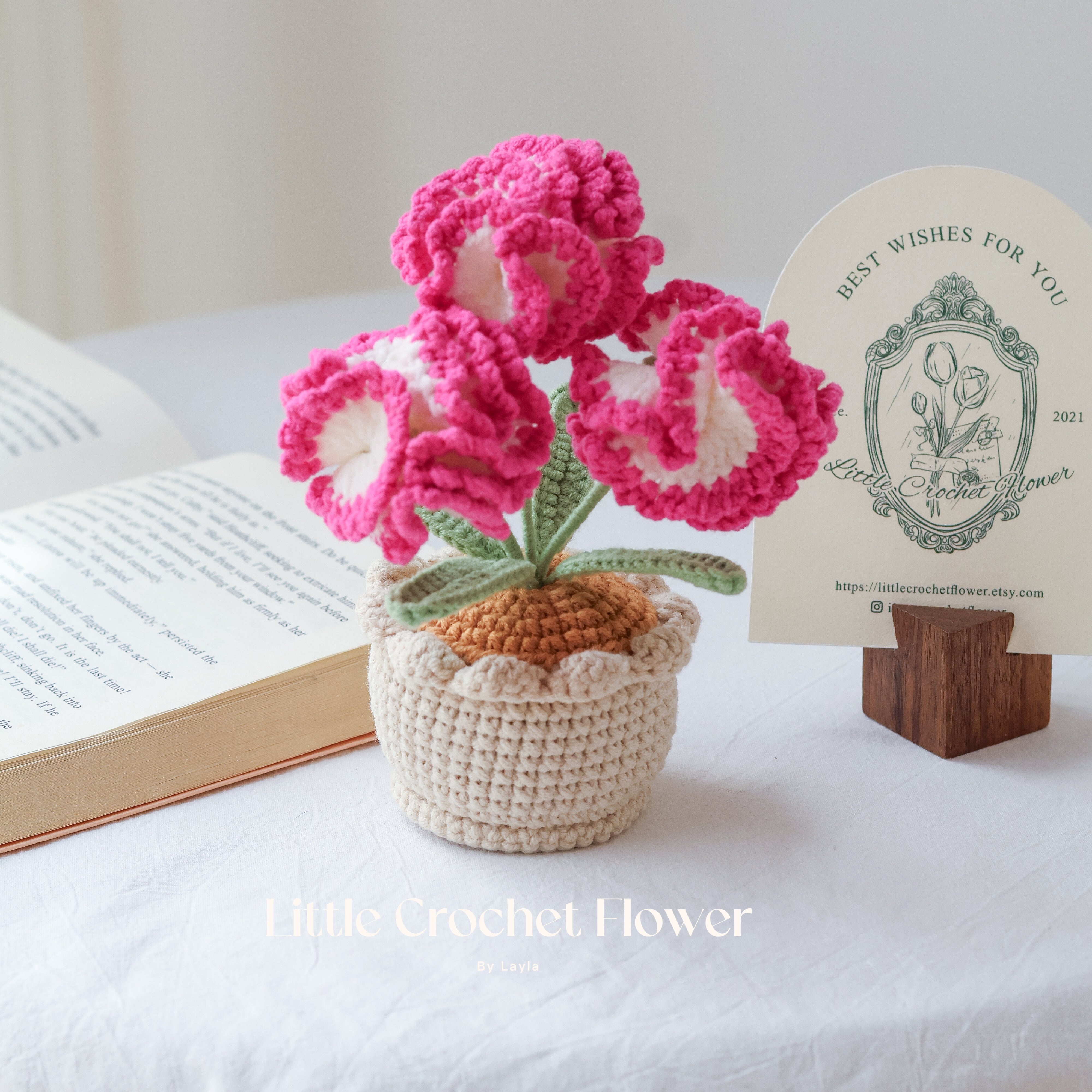 Handmade Crochet Carnation in Pot โ Mini Ruffled Flower Gift Arrangement