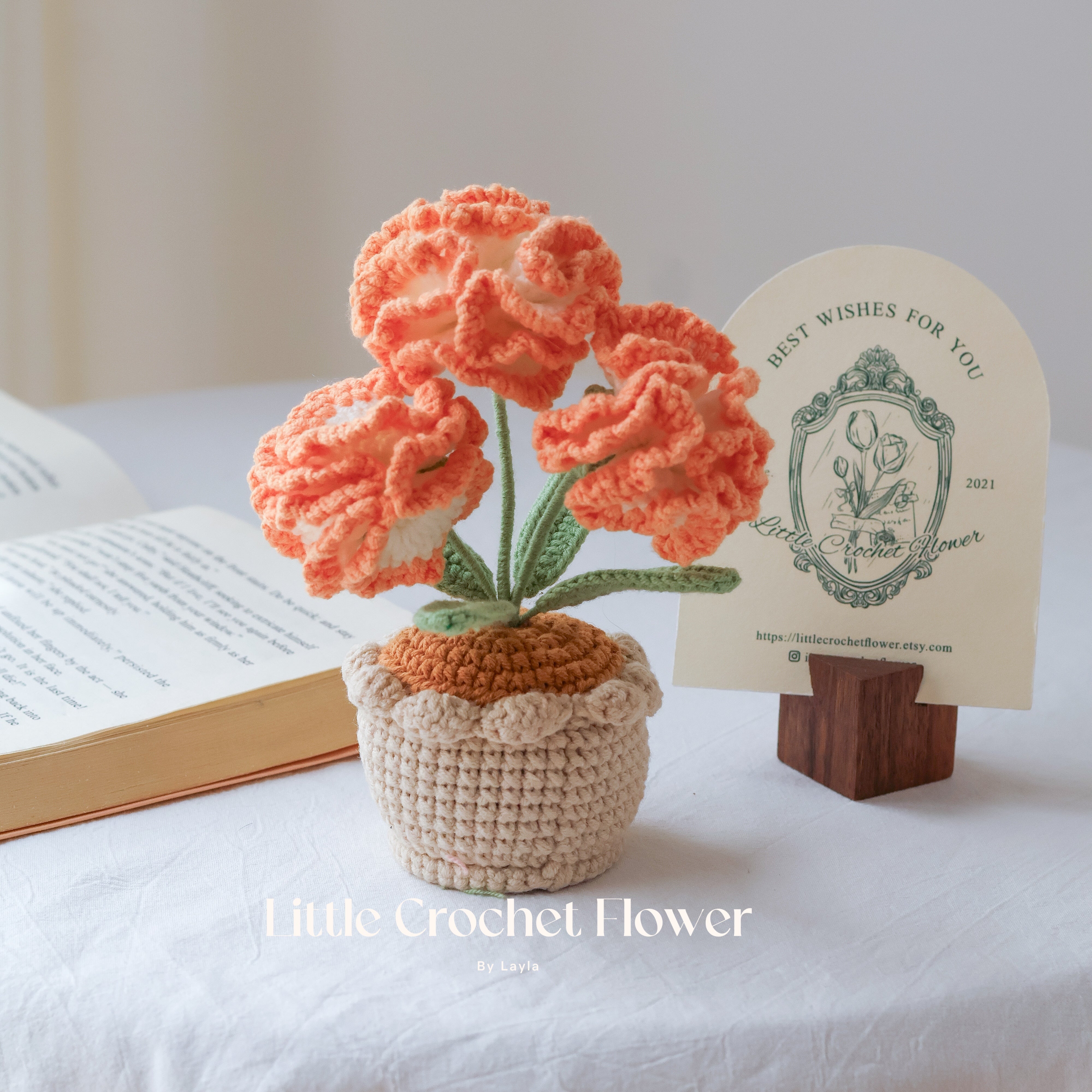 Handmade Crochet Carnation in Pot โ Mini Ruffled Flower Gift Arrangement