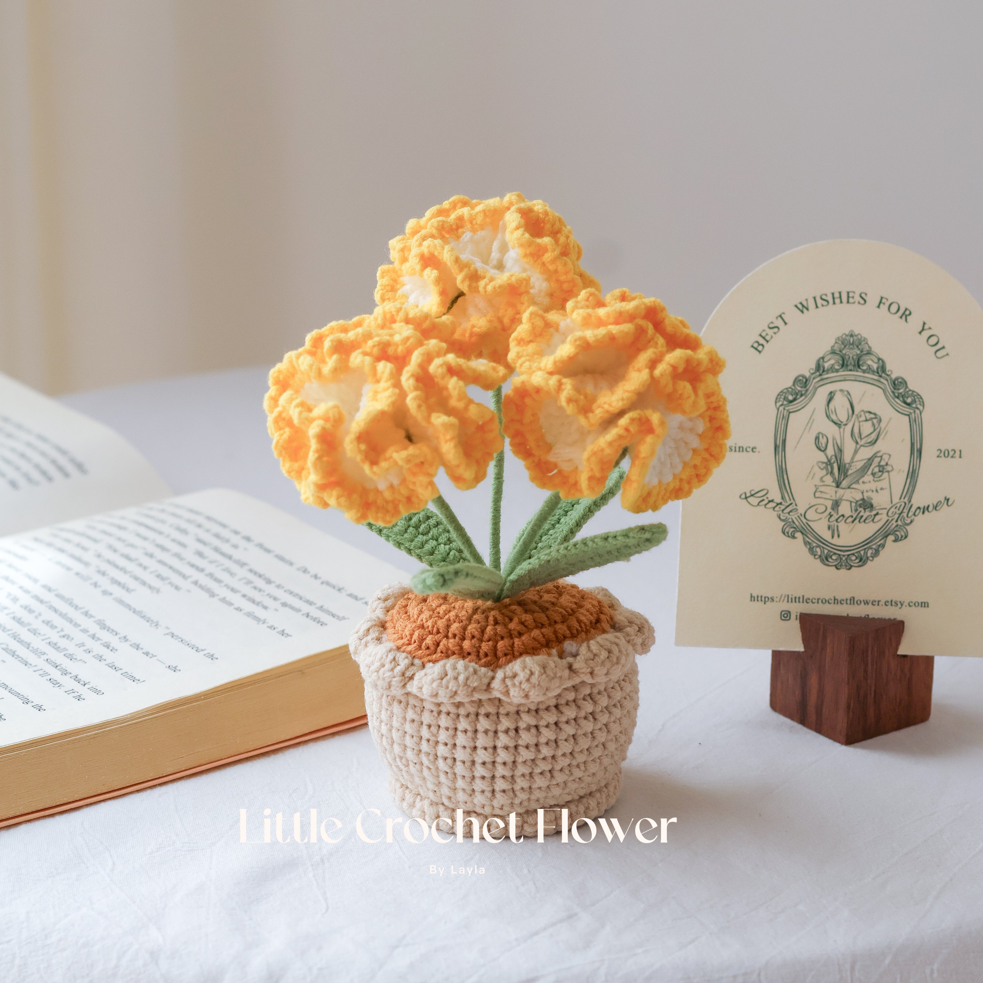 Handmade Crochet Carnation in Pot โ Mini Ruffled Flower Gift Arrangement