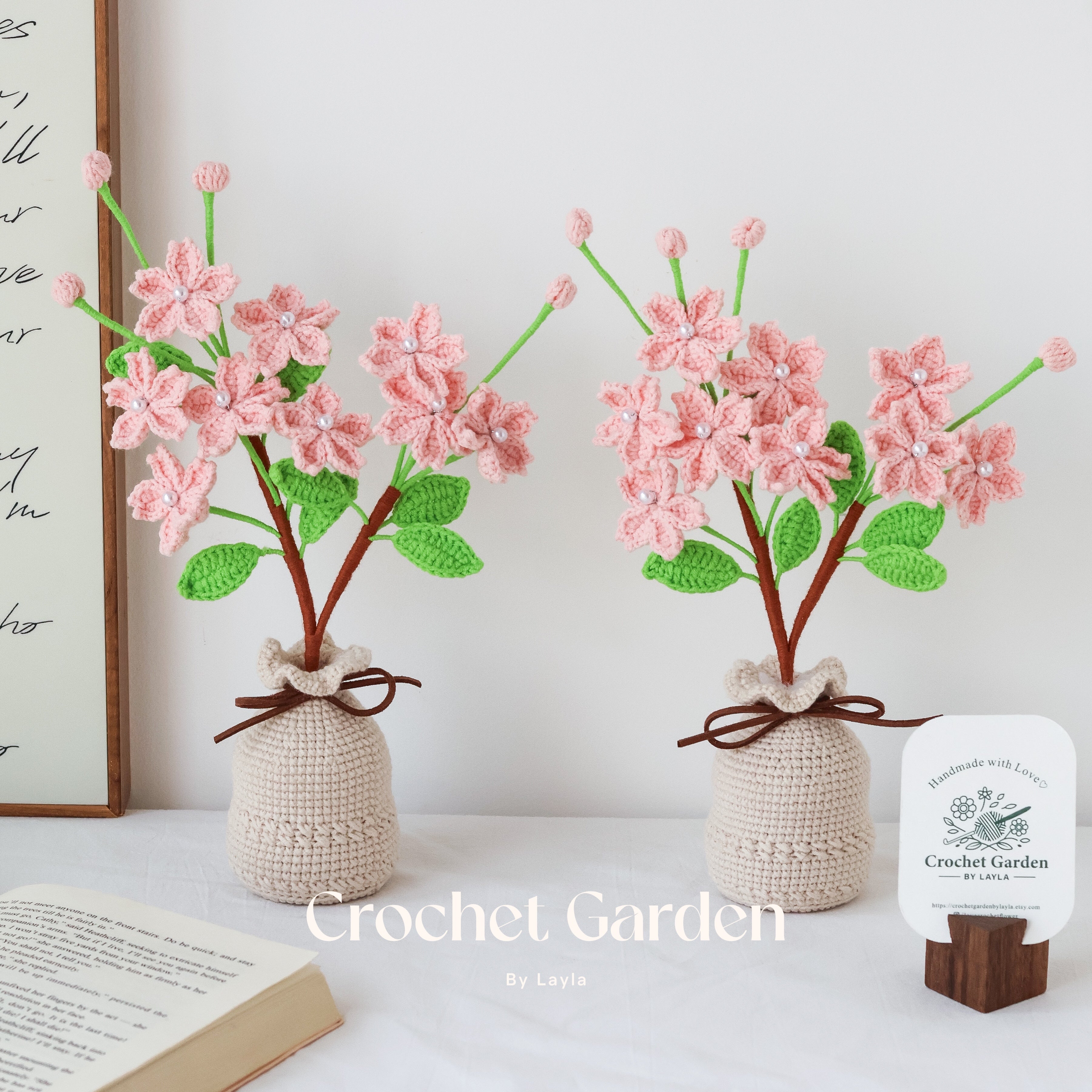 Handmade Crochet Cherry Blossom in Vase – Spring Floral Home Decor Gift