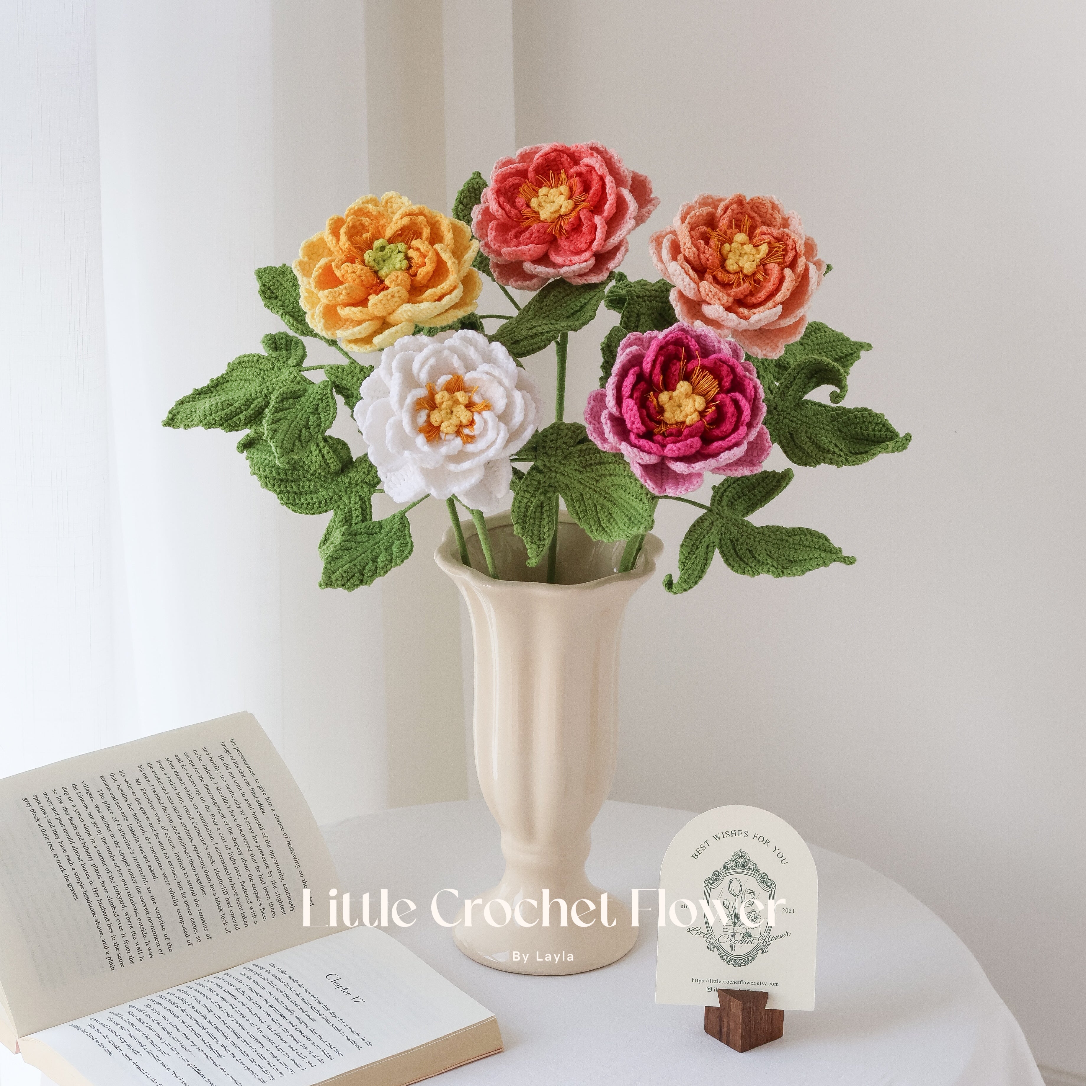 Handmade Crochet Peony Flower Bouquet – Colorful Knitted Home Decor
