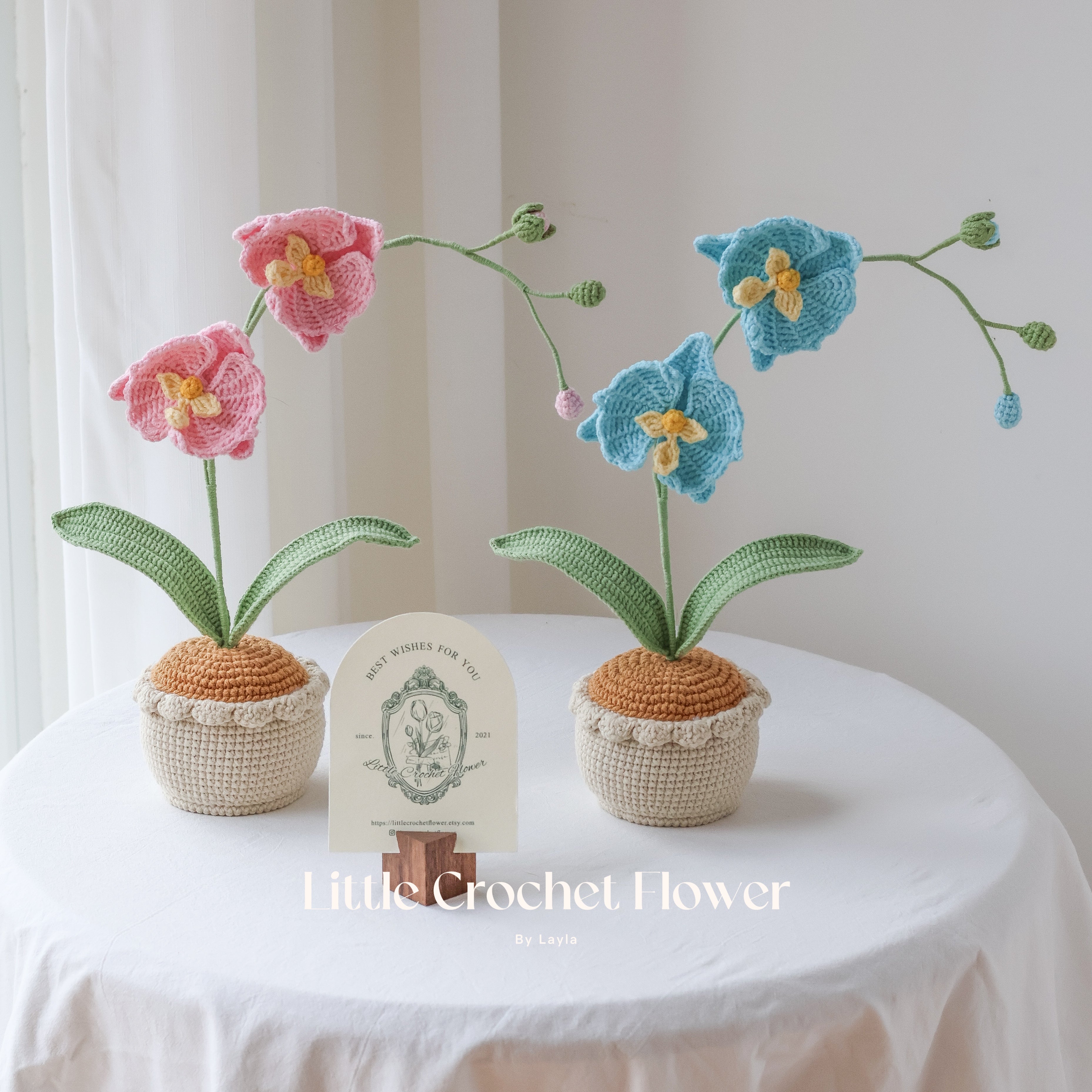 Handmade Crochet Orchid Plant in Pot Realistic Knitted Flower Decor