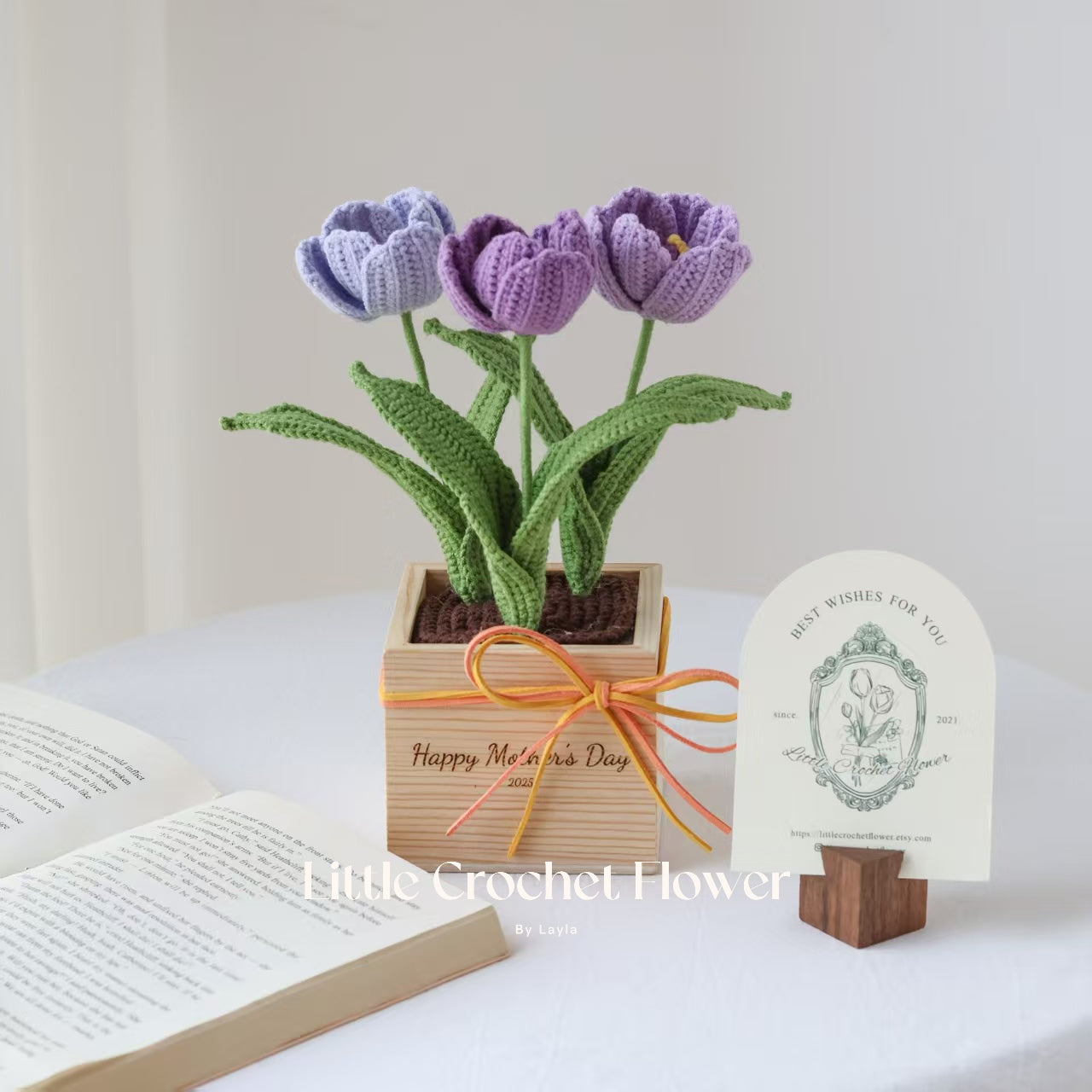 Crochet Tulip Arrangement in Engraved Wooden Pot – Handmade Gift with Custom Message
