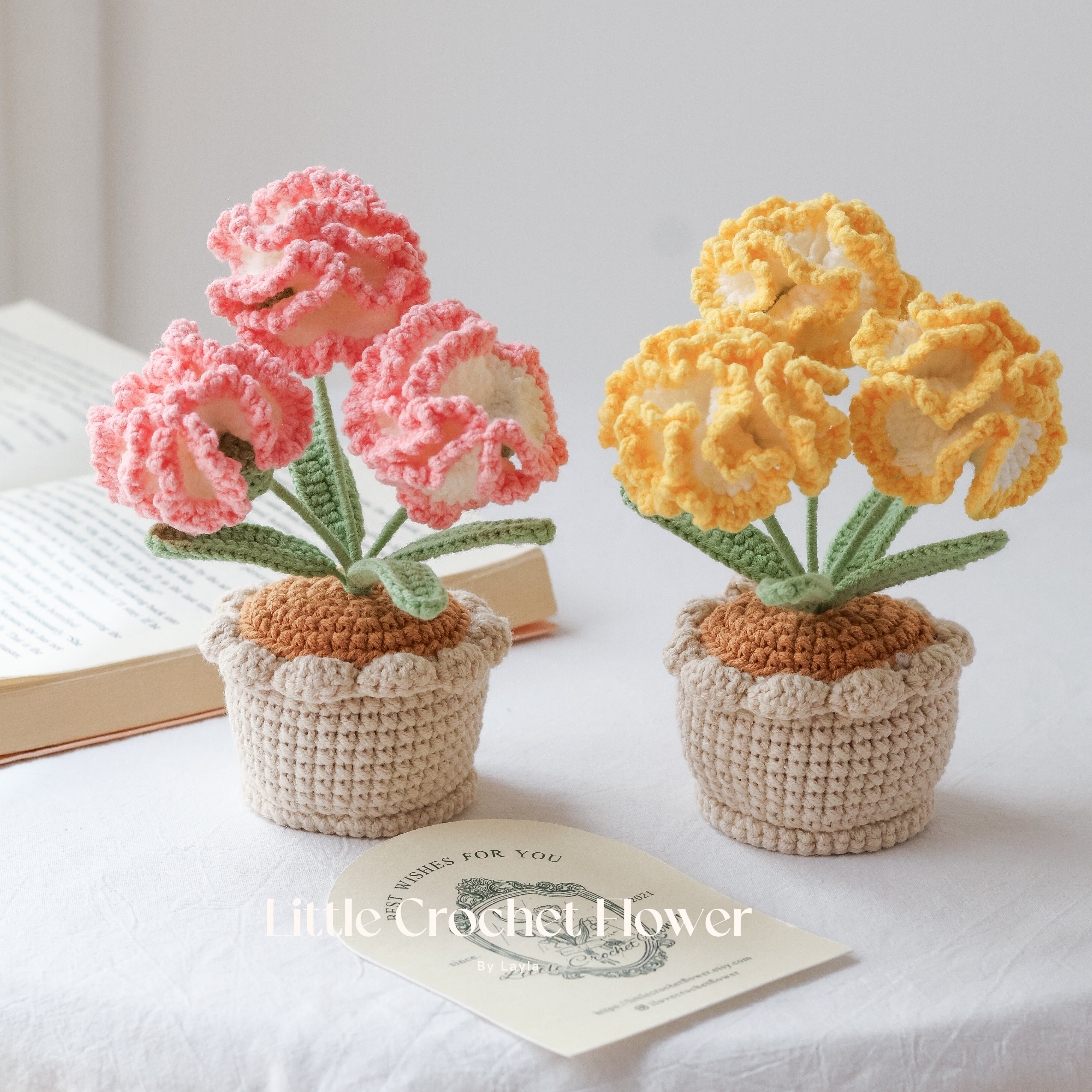 Handmade Crochet Carnation in Pot – Mini Ruffled Flower Gift Arrangement